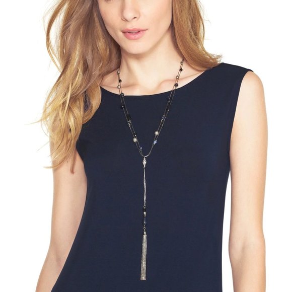 Beaded Tassel Drop Necklace Blue / Silver - Picture 3 of 3